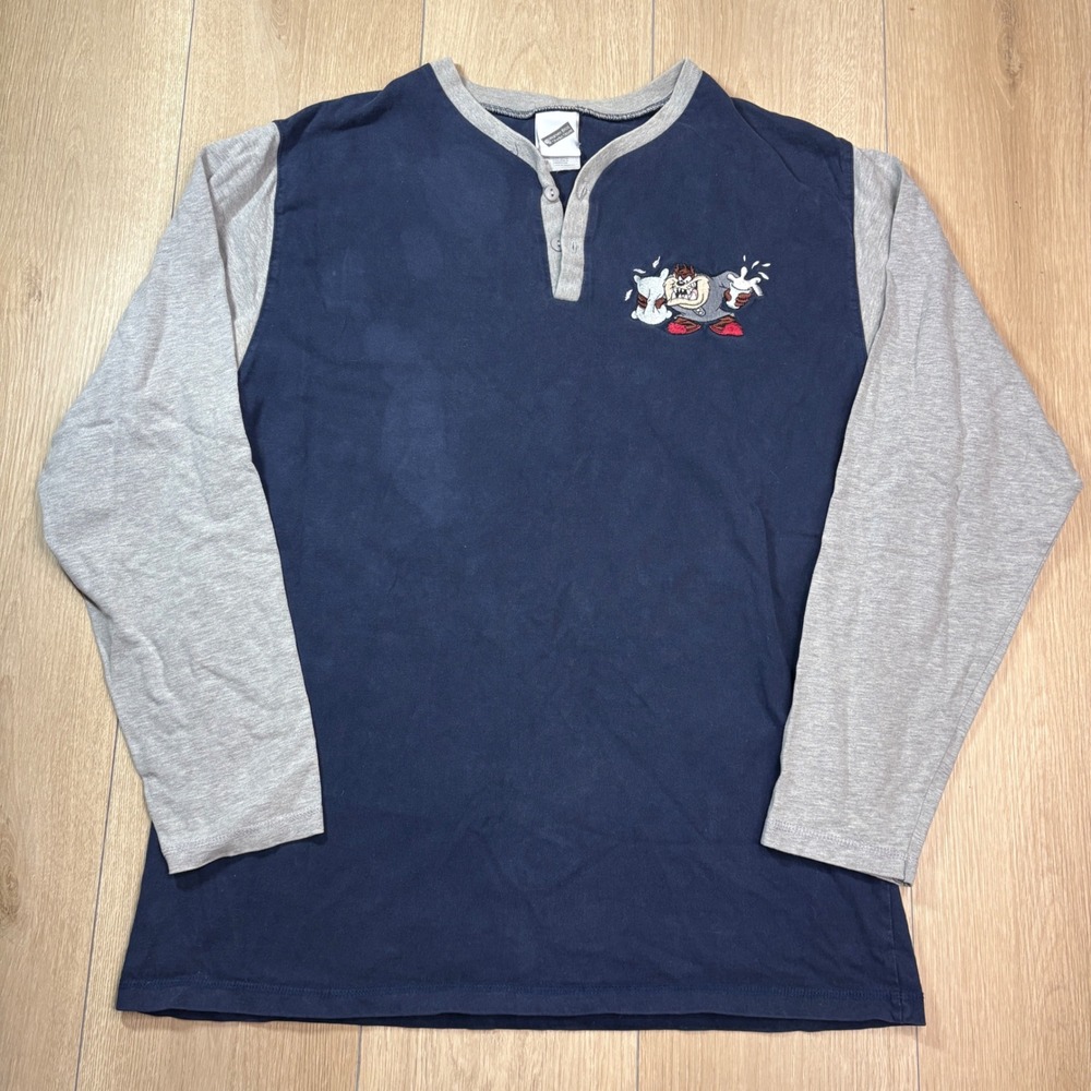 Vintage Warner Bros Studio Store Taz Henley Shirt Navy Gray Mens Medium 90s